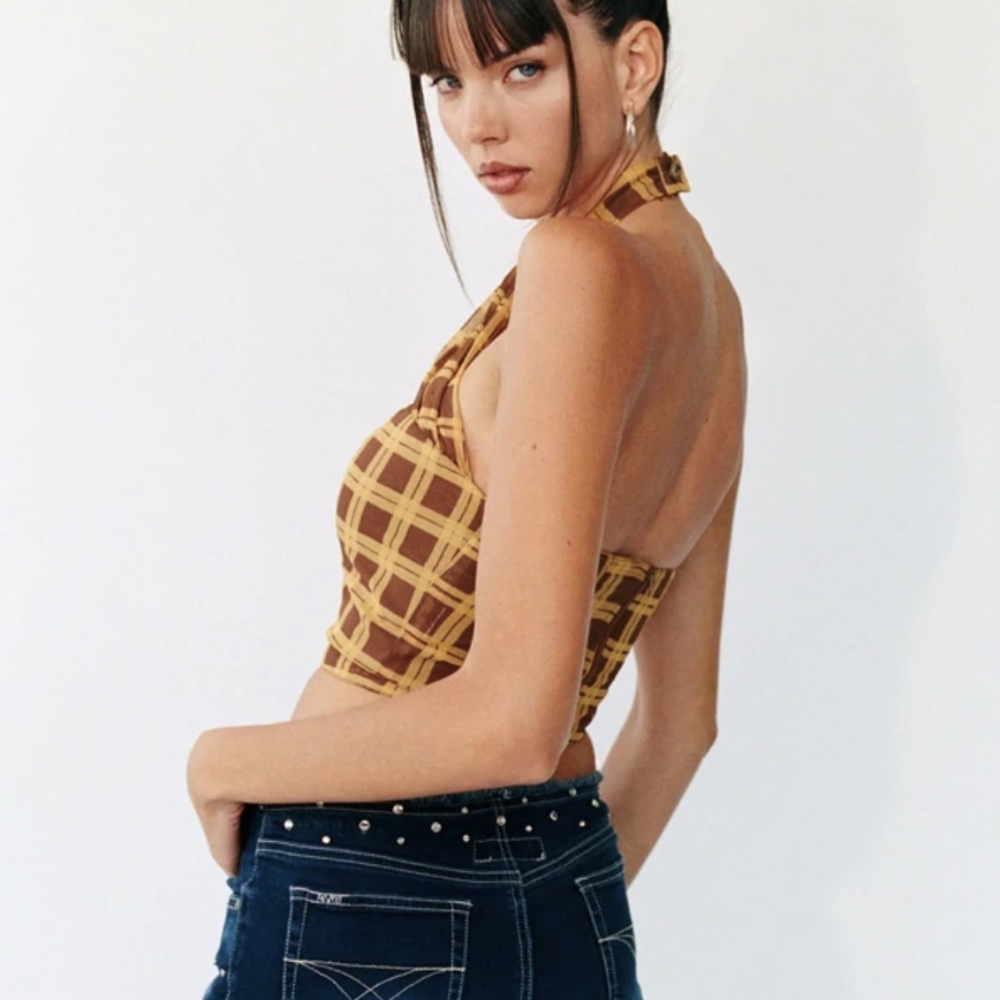 Nwot With Jean tulip top yellow brown plaid CHER xs - Picture 2 of 6